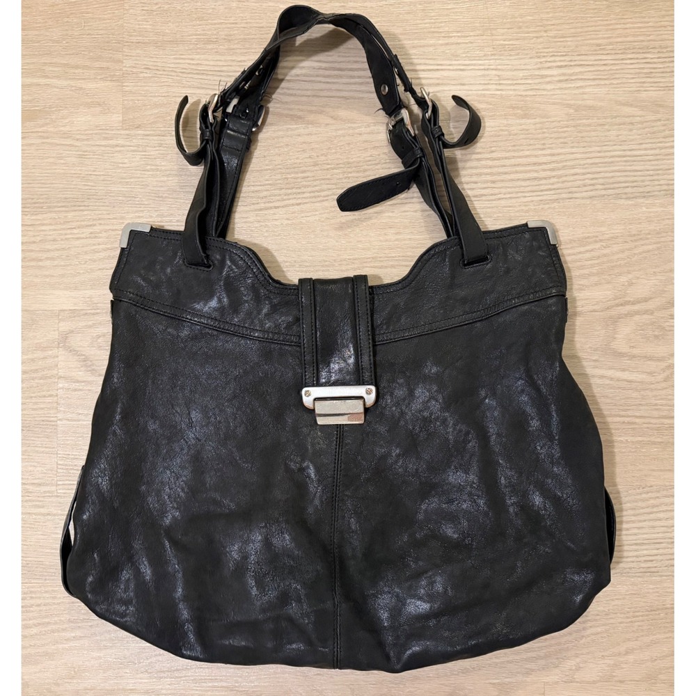 Vintage Kooba Natasha Leather Convertible Tote Hobo Bag Black Y2K Buckle Straps